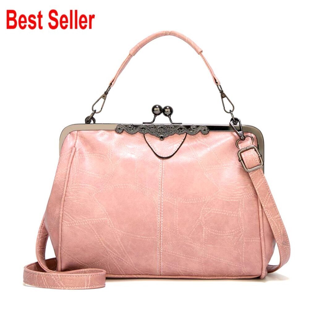 Retro Hollow Oil Wax PU Leather Handbag Kiss Lock Crossbody Messenger Tote